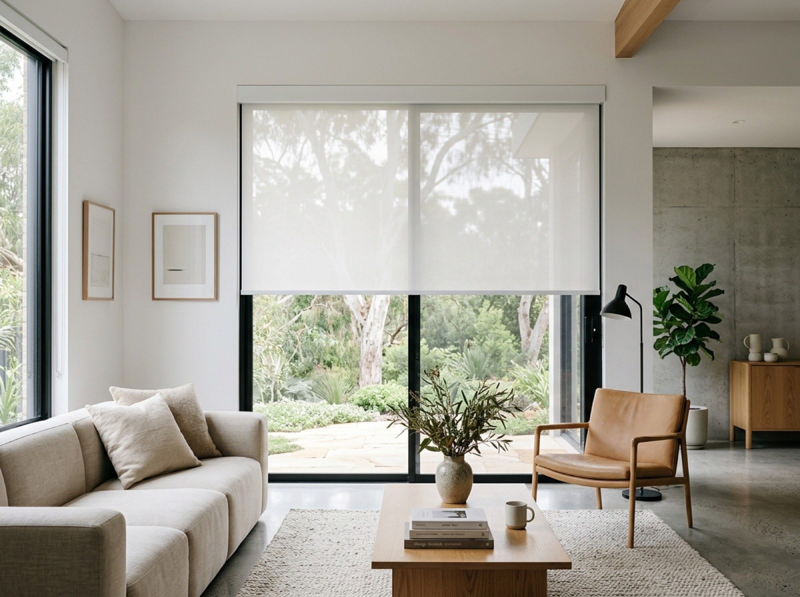Cassette roller blind with a slim headbox on a living room window