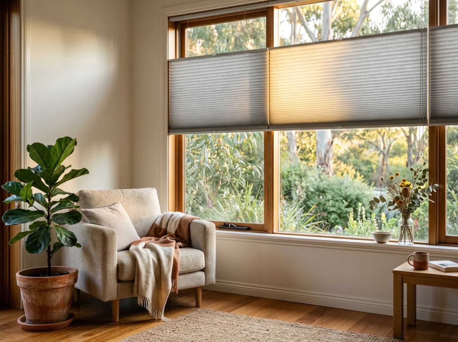 Honeycomb blind lowered on a living room window