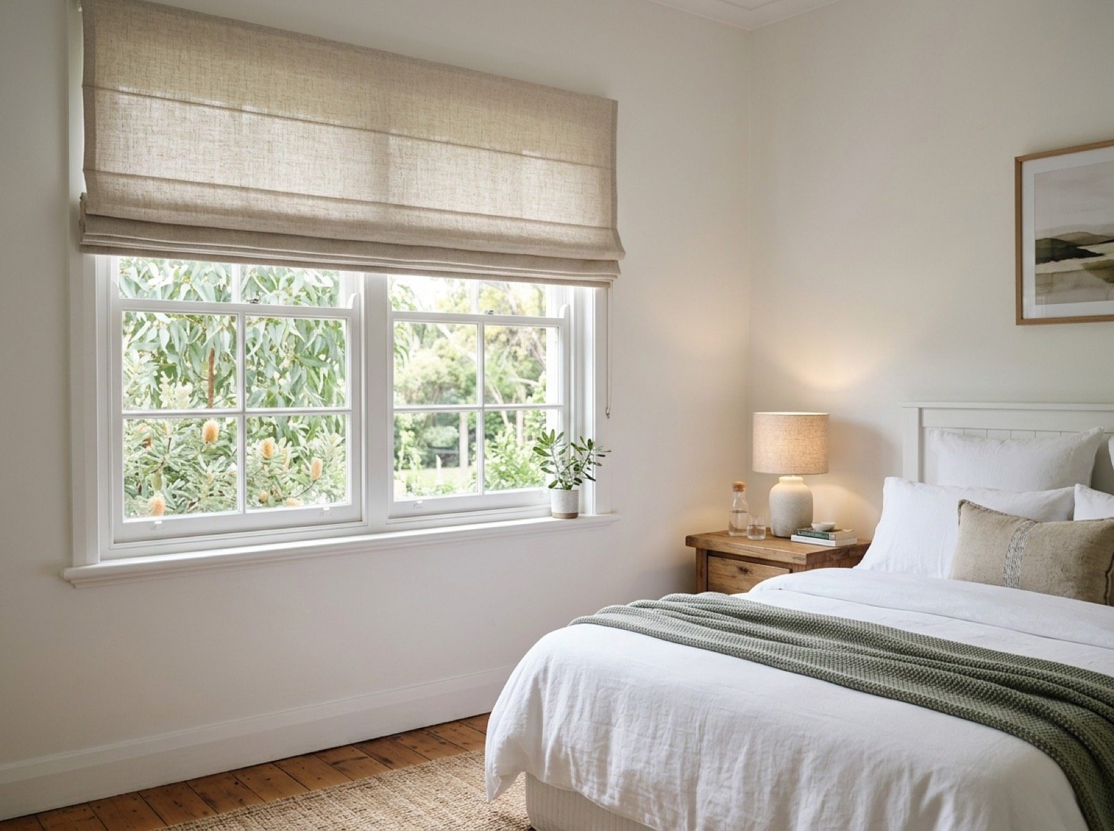 Linen roman blind half raised in a bedroom