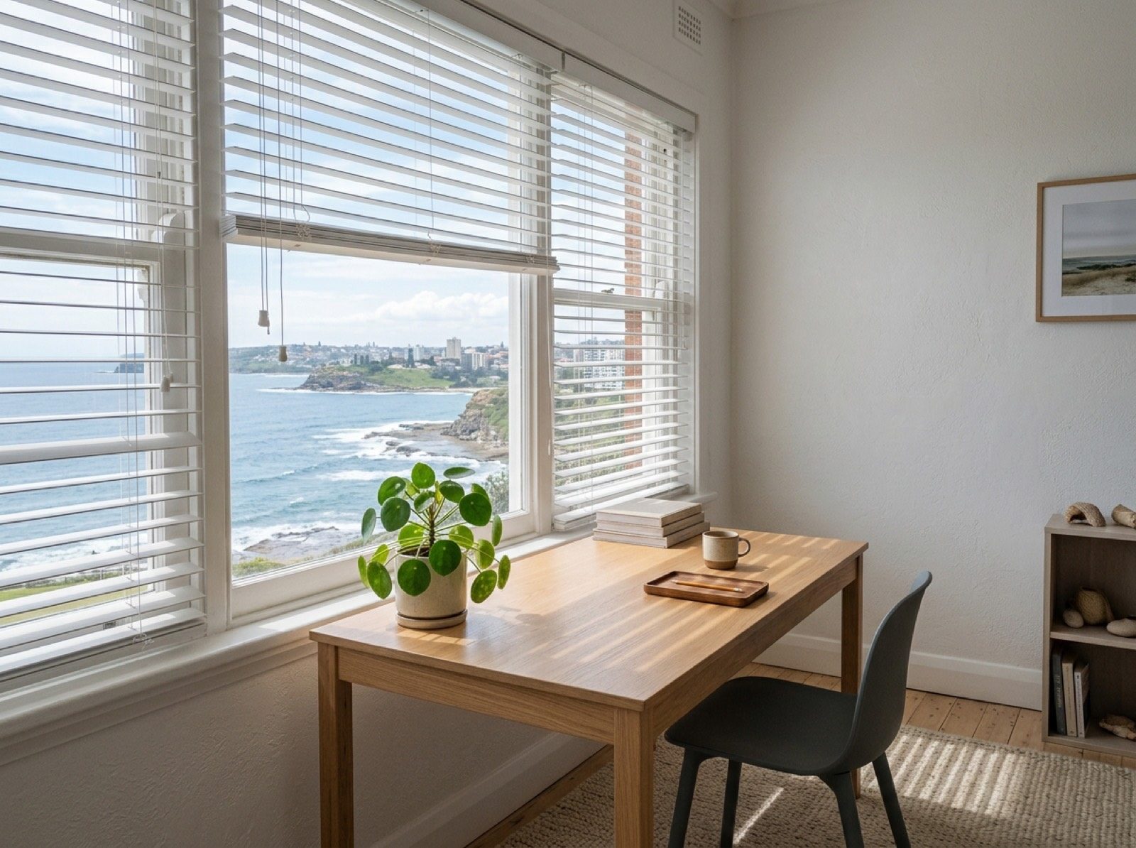 White aluminium venetian blinds in a home study